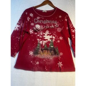Vintage Christmas Women's XL Top Red Santa Sleigh Reindeer Rhinestones Snowflake